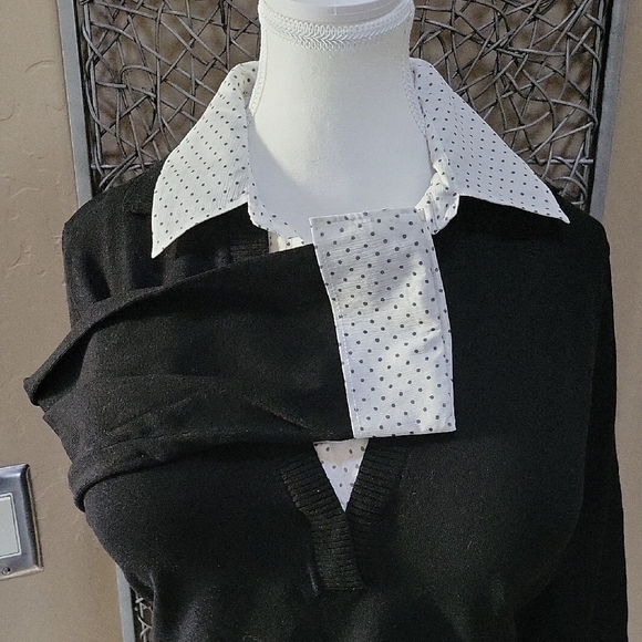 Cable & Gauge Black and White Silk Blend V-neck Sweater With Faux Shirt - Picture 3 of 6